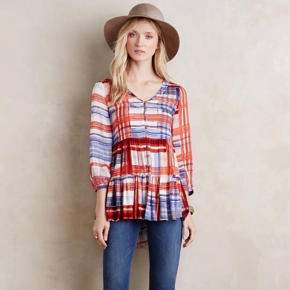 Anthropologie Maeve Red White & Blue Plaid Tiered Tunic Top